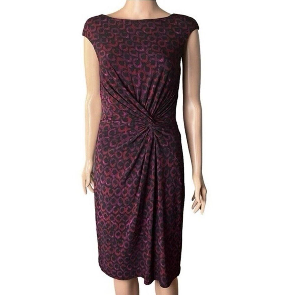 Ralph Lauren Red Purple Black Geometric Twist Knot Sleeveless‎ Sheath Dress 16